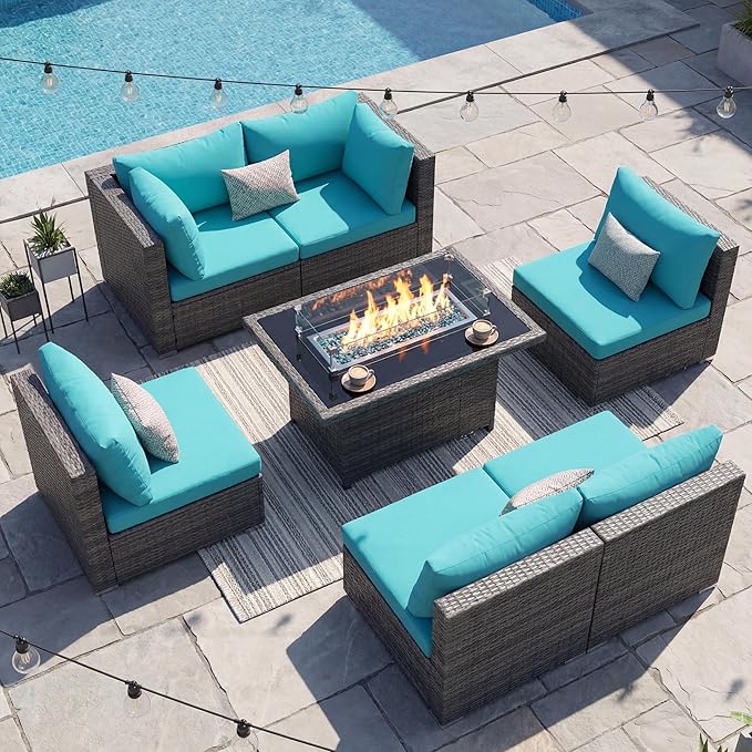 NICESOUL 7 Piece Large Modern Patio Furniture Set with Propane/Gas Firepit Table, 29.3'' High Back Comfy Wicker Sectional Sofa Couches with Fire Pit, Outdoor Deep Conversation, Fade-Proof, Turquoise NICESOUL