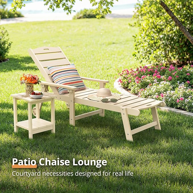 LUE BONA Outdoor Chaise Lounge, HDPS Chaise Lounger, 5 Positions Adjustable Lounge Chairs, Pool Lounge Chair with Wheels for Poolside, Backyard, Sand LUEBONA