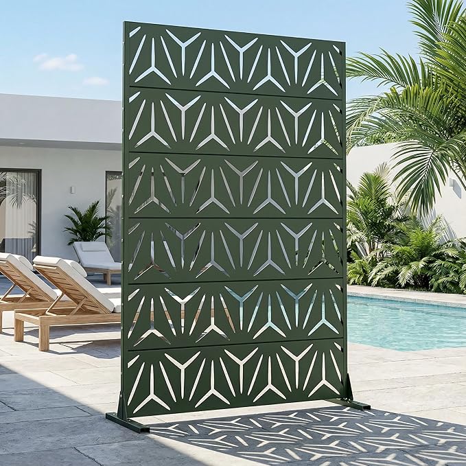 Casaphoria Metal Privacy Screen Outdoor, 72" H x 47" W Freestanding Decorative Privacy Screen for Patio Deck Balcony Garden with Stable Base, Drakgreen-Star Casaphoria