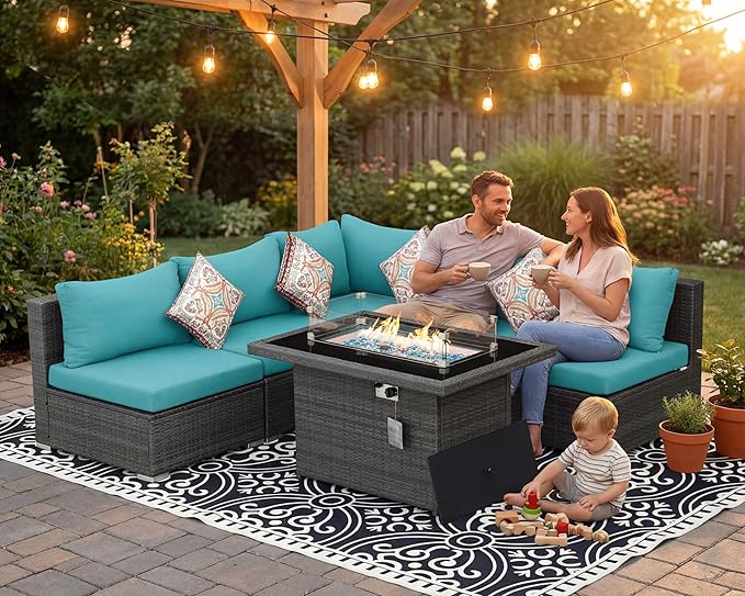 NICESOUL 6 Piece L Shaped Patio Furniture Set with Fire Pit Natural Gas/Propane, 29.3'' High Back Comfy Outdoor Conversations for Outside, Big Size Deep Wide Couches, 2 Color Cushion Turquoise & Grey NICESOUL