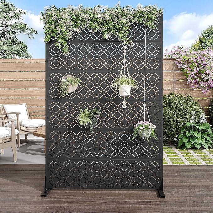 Casaphoria Metal Privacy Screen Outdoor, 72" H x 47" W Freestanding Decorative Privacy Screen for Patio Deck Balcony Garden with Stable Base, Palace Black Casaphoria