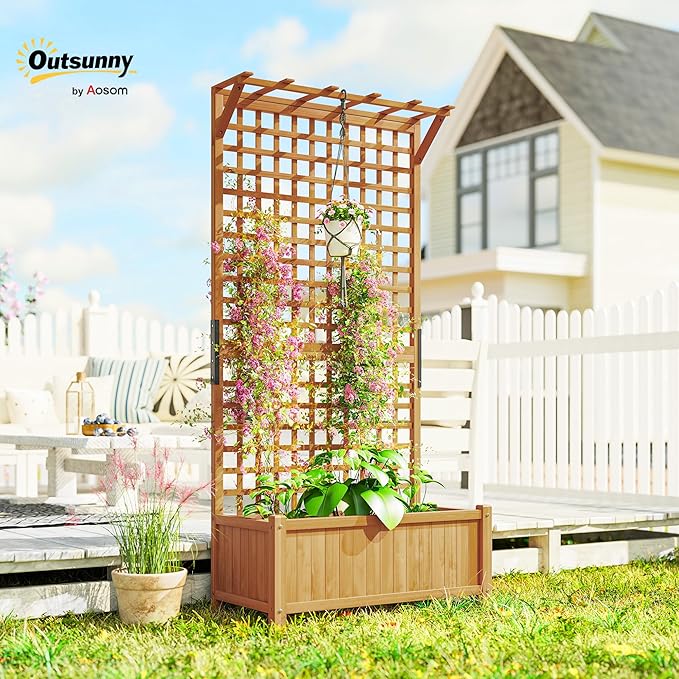 Outsunny Wood Planter with Trellis, Raised Garden Bed for Climbing Plants w/Drainage Holes and Roof, 35.5" x 17.75" x 72", Yellow Outsunny