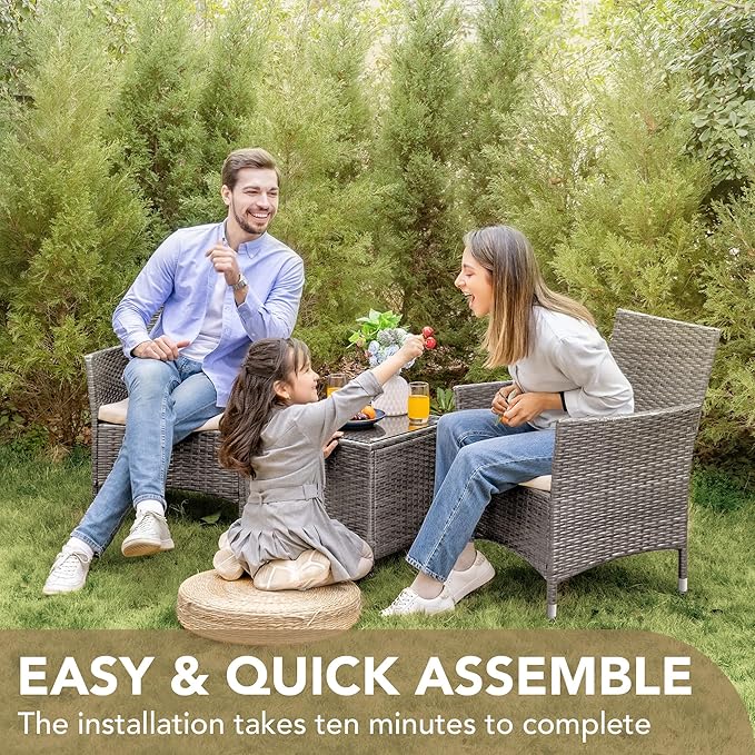 Devoko 3 Pieces Patio Furniture Sets Clearance PE Rattan Wicker Chairs with Table Outdoor Garden Porch Furniture Sets (Light Grey) DEVOKO