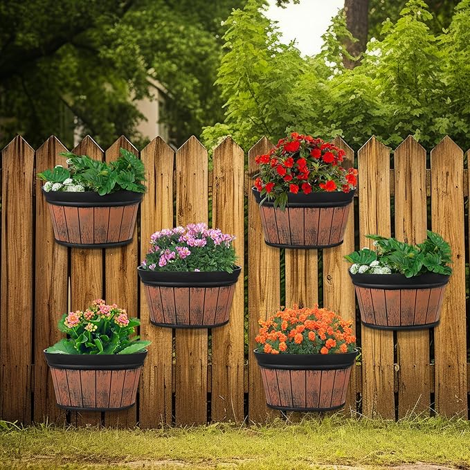 Layhit 6 Pcs Wall Hanging Planters Outdoor Pot Planter Wine Barrel Planter Distressed Oak Thickened Plastic Water Storage Flower Pots for Flower Indoor Outdoor(10 Inches,Brown) ShungLan
