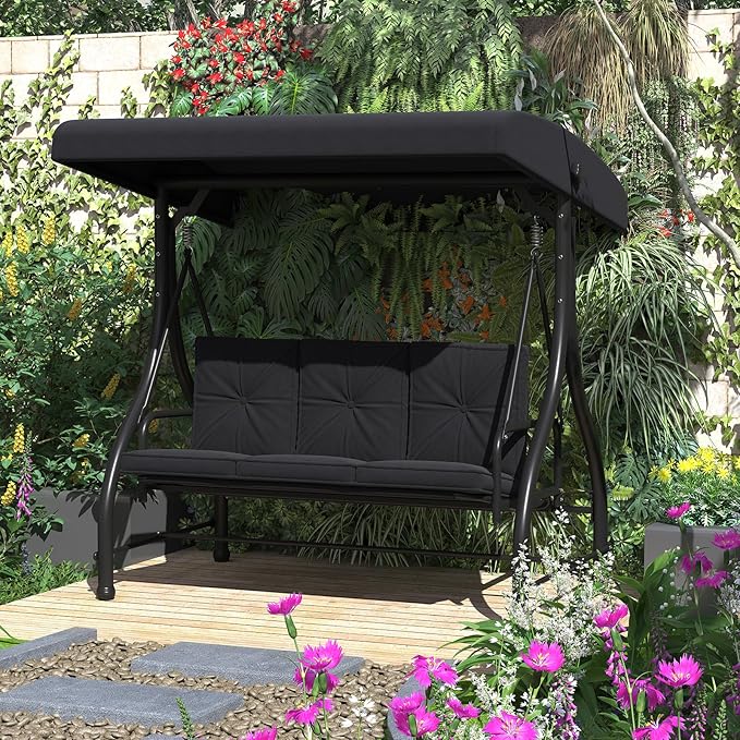 U-MAX Porch Swing Chair with Adjustable Backrest&Canopy, 3 Seat Patio Swing with Canopy 2-in-1 Convertible Outdoor Swing with Canopy Patio Daybed with Removable Black Cushions for Adults U-MAX