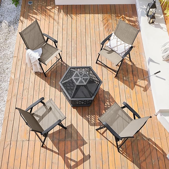 Yaheetech Outdoor Patio Chairs Set of 4, Portable Dining Chairs with Armrests for Camping, Lawn Yard Beach, Folding Outdoor Chairs 4-Pack with Metal Frame, Brown Yaheetech