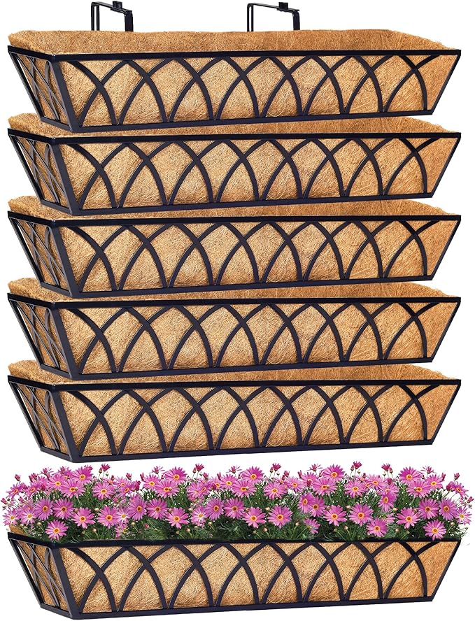 6pcs 30 Inch Window Deck with Coco Liner, 30" Window Boxes Horse Trough with Coconut Coir Liner, Metal Hanging Flower Planter Window Basket Deck Railing Planter Boxes for Outdoor Indoor Lawn LAWYAMAI