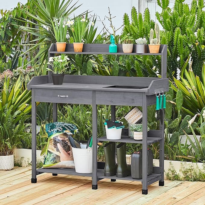 Yaheetech Outdoor Potting Bench Table Potters Benches Garden Workstation for Horticulture with Drawer/Adjustable Shelf Rack/Removable Sink/Hooks/Pads, Gray Yaheetech