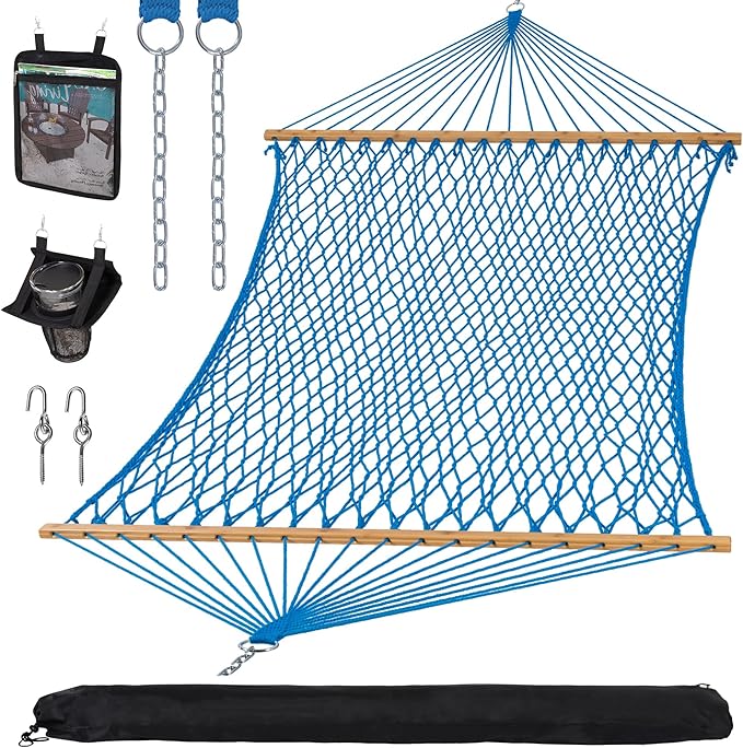 SUNCREAT Polyester Rope Hammock with Bamboo Spreader Bar, Carrying Bag, 450 lbs Capacity, Two Person Hammock with Tree Hooks, Blue SUNCREAT