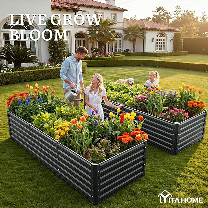 YITAHOME 8x4x2ft 2pcs Large Raised Garden Bed, Galvanized Metal Planter Box with Gloves, Ground Nails, Support Rod & Safety Rubber, Outdoor Above Ground Planters for Plants Vegetables Flowers, Black YITAHOME
