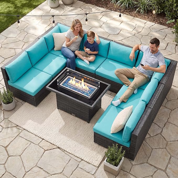 NICESOUL Extra Large 9 Piece Patio Furniture Set with Fire Pit Table Natural Gas & Propane, 29.3'' High Back Rattan Outdoor Conversations, 8 Seater Modular Sofa Set, 2 Color Cushions Turquoise & Gray NICESOUL