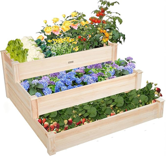 3-Tier Raised Garden Bed with Fabric Liner, Wood Elevated Planter Box with Dovetail Joint Design, 3 Dividable Bed Kit for Vegetables/Herbs/Flowers, Outdoor Gardening for Patio, Lawn, Balcony ZSYWODFO
