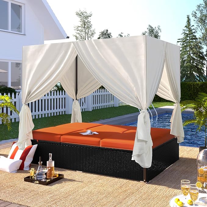 Patio Chaise Lounge, PE Rattan Outdoor Patio Wicker Sunbed Daybed with Adjustable Seats, Four-sided Canopy, Overhead Curtain and Orange Cushions for Backyard, Garden, Poolside (for 2-6 people) HarperBrightDesigns