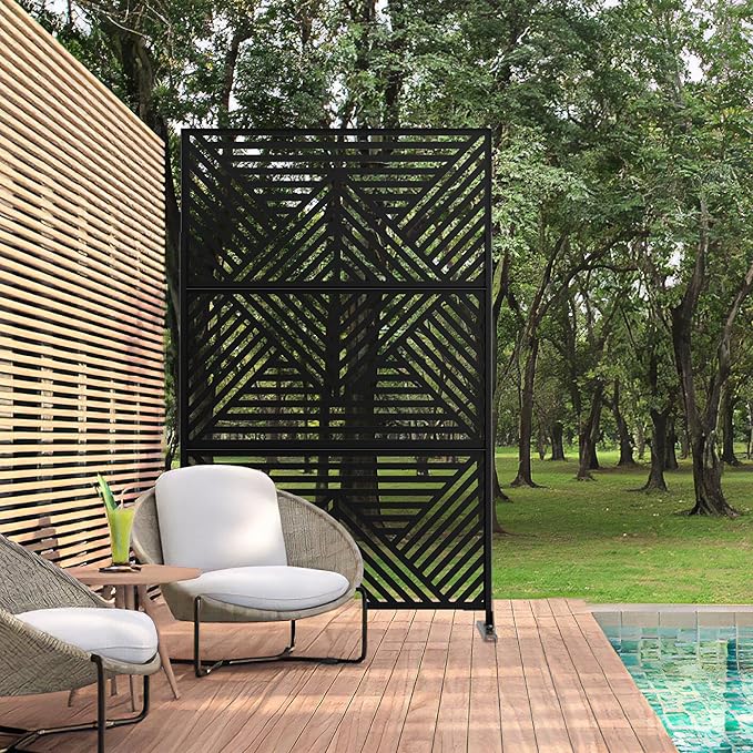 Casaphoria Metal Privacy Screen Outdoor, 72" H x 47" W Freestanding Decorative Privacy Screen for Patio Deck Balcony Garden with Stable Base, Black Zodiac Casaphoria