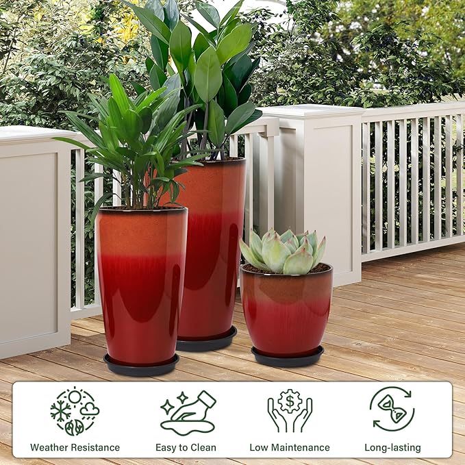 24/21/12 Inch Large Plastic Planter, Lightweight Ceramic-Look Tall Planters with Drain Hole & Saucers, Tall Plastic Planters for Porch, Garden, Patio, Balcony(Fiery Red) Neoaider