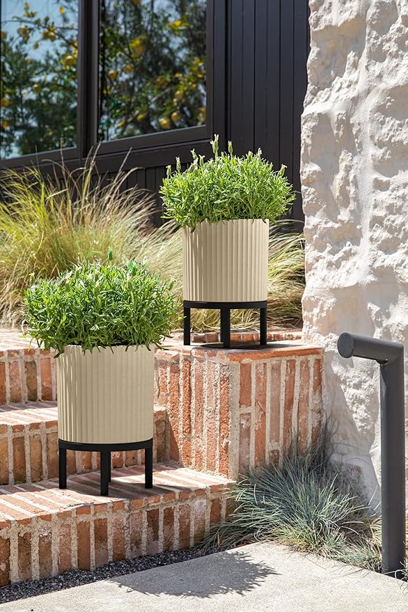 Veradek Demi Series Round Planter w/Stand for Porch/Patio | Durable Plastic-Stone Composite & Wooden Stand | Modern Décor for Tall Plants, Flowers VeradekOutdoor