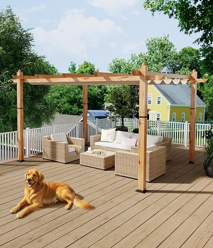 10 x 13 ft Aluminum Pergola with Adjustable Canopy, Outdoor Metal Pergola, Imitation Wood-Grain Sun Shade Shelter for Garden Patio Backyard Deck BouPower