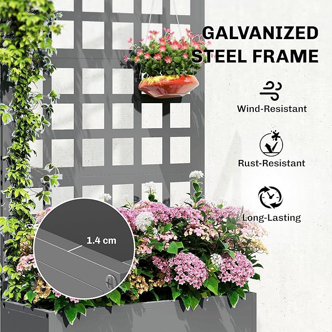 Outsunny Galvanized Raised Garden Bed with Trellis, Metal Planter Box with Drainage Holes, Outdoor Privacy Screen for Climbing Plants, Vegetable, Vines, 24" x 9" x 44.5", Gray Outsunny
