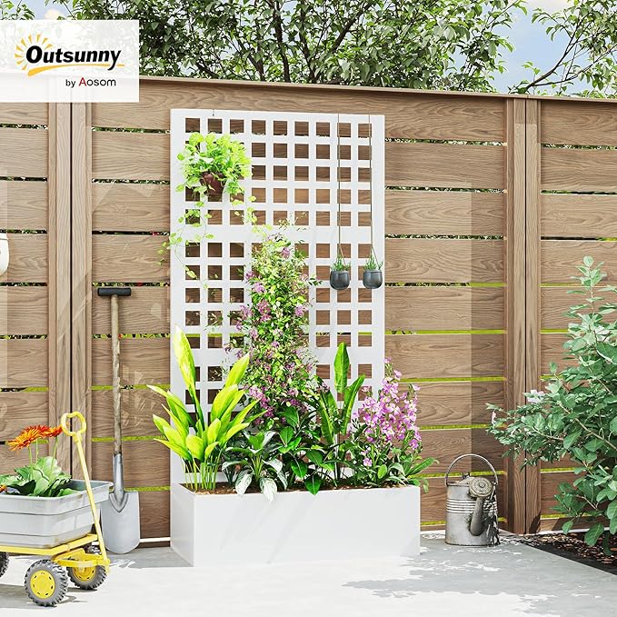 Outsunny Galvanized Raised Garden Bed with Trellis, Metal Planter Box with Drainage Holes, Outdoor Privacy Screen for Climbing Plants, Vegetable, Vines, 35" x 16" x 70", White Outsunny