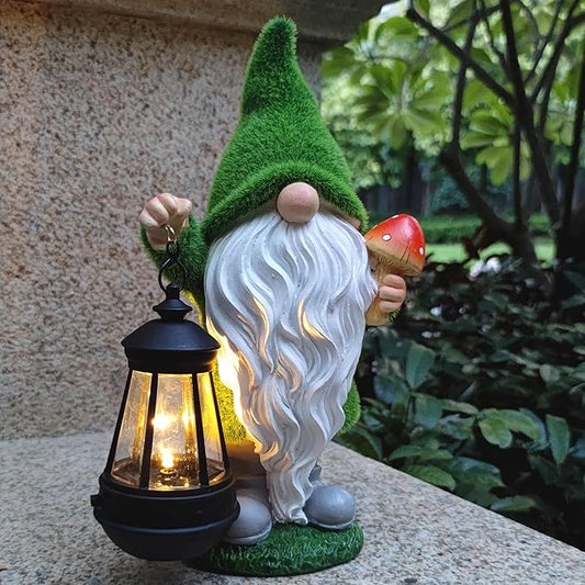 Gnomes Solar Garden Statues,Resin Gnome Figurine Decorations Holding Mushroom and Solar Lights Lantern, Outdoor Figurines Lawn Garden Statue Decor Art for Lawn,Yard, Balcony Ornament. Qobumy