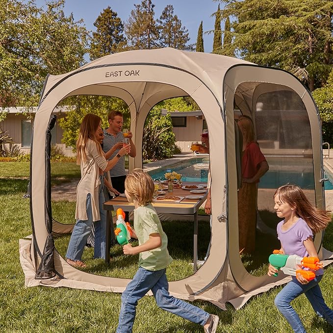 East Oak Screen House Tent Pop-Up, Portable Screen Room Canopy Instant Screen Tent 12 x 12 FT with Carry Bag for Patio, Backyard, Deck & Outdoor Activities, Brown EASTOAK