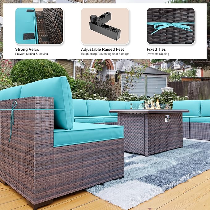 Kullavik 15PCS Outdoor Patio Furniture Set with 43" 55000BTU Gas Propane Fire Pit Table PE Wicker Rattan Sectional Sofa Patio Conversation Sets w/8 Coner Sofas,Blue KULLAVIK