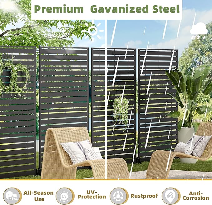 Casaphoria Metal Privacy Screen Outdoor, 72" H x 47" W Freestanding Decorative Privacy Screen for Patio Deck Balcony Garden with Stable Base, Black-Adams Casaphoria
