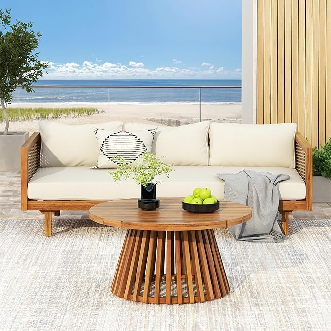 Merax Outdoor Acacia Wood Conversation Set - Patio 3-Seat Loveseat Sofa w/Coushion and Round Coffee Table for Backyard, Lawn, Balcony, Teak+Beige Merax