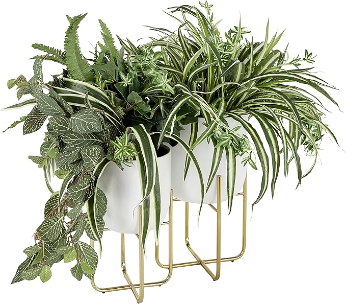 Deco 79 Metal Indoor Outdoor Planter Large Planter Pot with Removable Gold Stand, Set of 2 Planters 16", 13"H, White Deco79