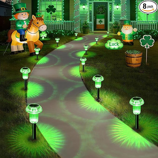 St Patricks Day Decorations Solar Lights Outdoor Pathway Waterproof 8 Pack Green LED Green Stake Acrylic Mushroom Decorative Garden Lights for Yard Landscape Patio Outside Priddop