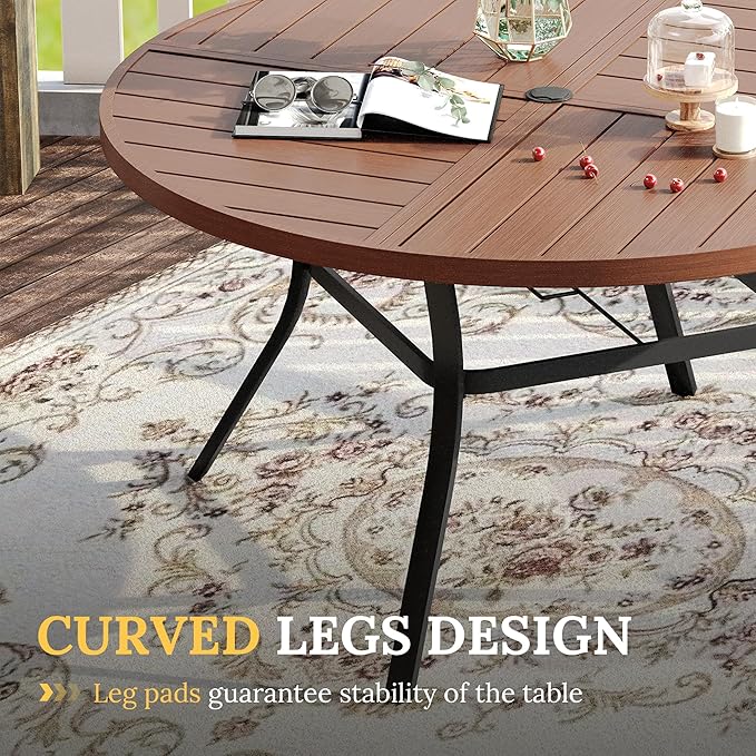 VICLLAX Round Patio Table with Adjustable Umbrella Hole for 6, All Weather Metal Outdoor Dining Table for Lawn Garden, 50" Outdoor Coffee Table, Walnut Wood-Like Tabletop HOME
