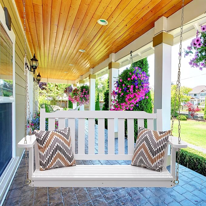 Anraja Wooden Porch Swing 2-Seater, Bench Swing with Hanging Chains, Heavy Duty 800 LBS, for Outdoor Patio Garden Yard, 4 Ft, White Anraja