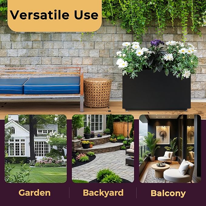 Outdoor Metal Planter Box 26Wx10Dx16H, Large Rectangular Trough Planters, Easy 5-Min Assembly, Modern Plant Container with Drainage Holes, Heavy Duty, Weather Resistant, Black Foresland-MetalPlanter