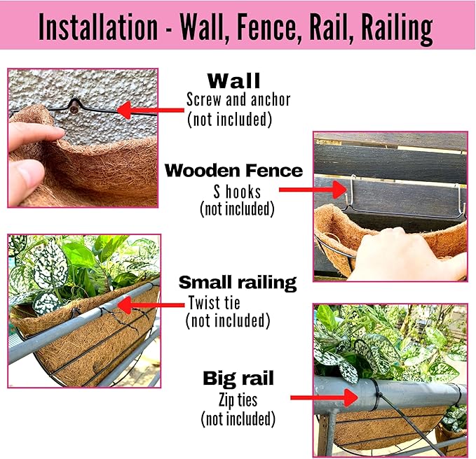 LaLaGreen Outdoor Wall Planters, 4 Pack, 14 Inch Large Balcony Planter Railings Hanging, Rail Flower Basket with Coco Liner English Horse Trough Black Metal Wire Succulent Pot Holder Deck Porch Garden L%C3%A1L%C3%A1Green