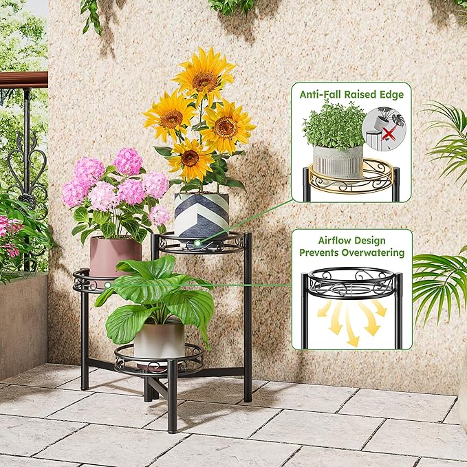 Metal Plant Stand Indoor Outdoor, 3 Tier Corner Tall Plant Shelf for Multiple Plants, Tiered Plant Stand, Heavy Duty Flower Plant Holder, Folding Tall Rack for Garden Patio Lawn Balcony - BlackWave Rootora