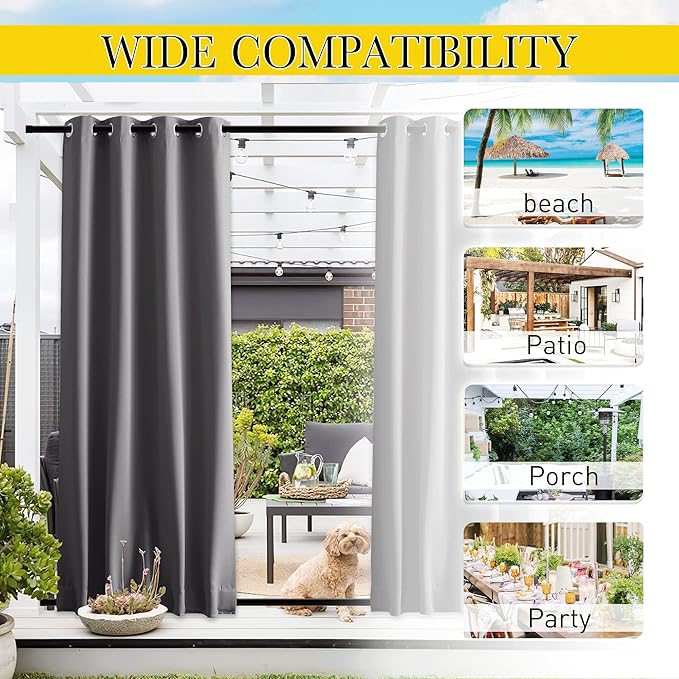 NICETOWN 2 Panels Weighted Outdoor Curtains for Patio Waterproof & Windproof, Grommet & Back Tab on Top & Bottom Privacy Light & Sound Block for Pergola with Bonus Rope for Fixed, Grey, W46 x L72 NICETOWN