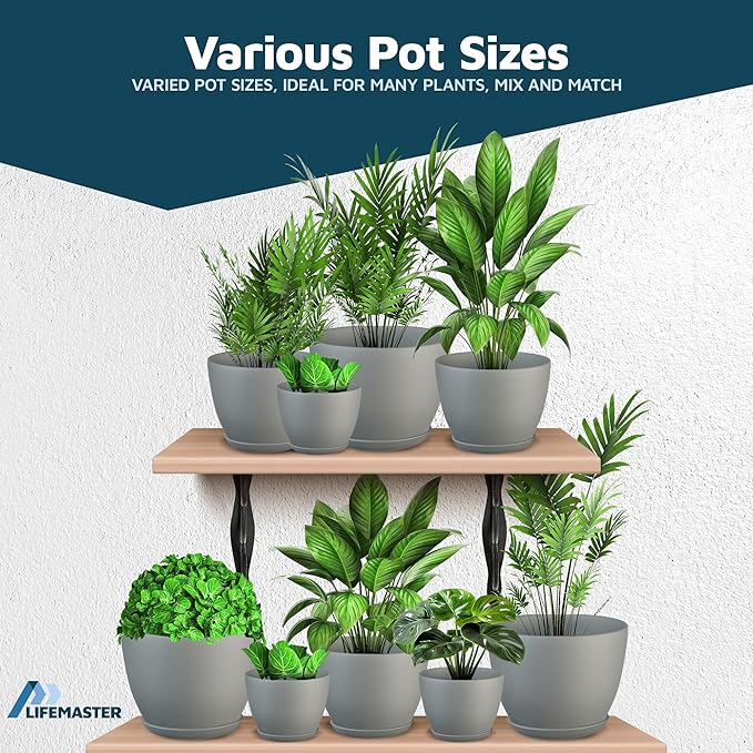 Planter Pots with Drainage Holes - Lightweight, Durable & Space-Saving Pots for Indoor and Outdoor - Versatile Functionality, Simple Modern Design, Set of 10 Plastic Planter Pots - Gray LIFEMASTER