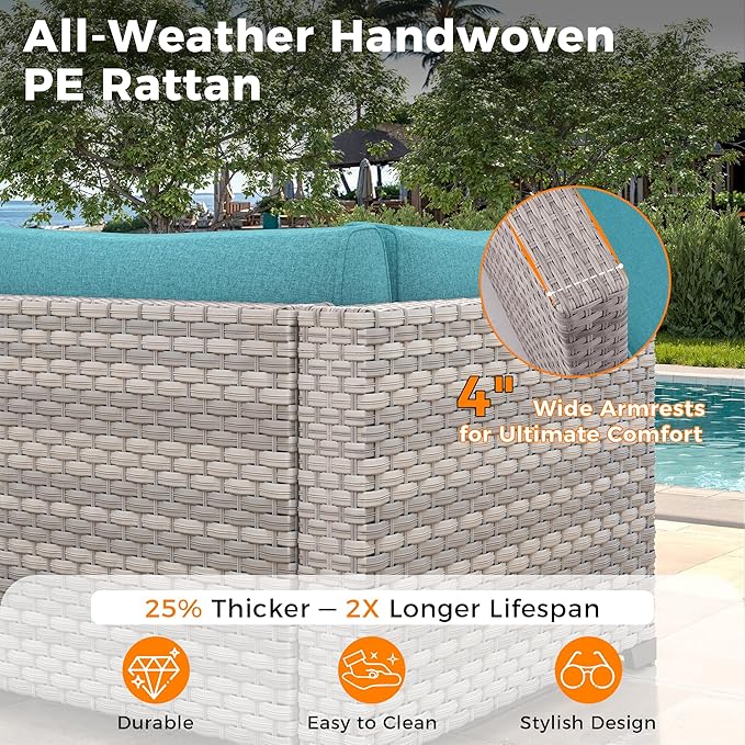 12-Seat Modern Outdoor Wicker Rattan Patio Furniture Set with 55,000 BTU Fire Pit Table, Thick 4″ Cushions, All-Weather Dual-Strand Rattan, Rust-Resistant Steel Frame,Blue MASIONBACKYARDS