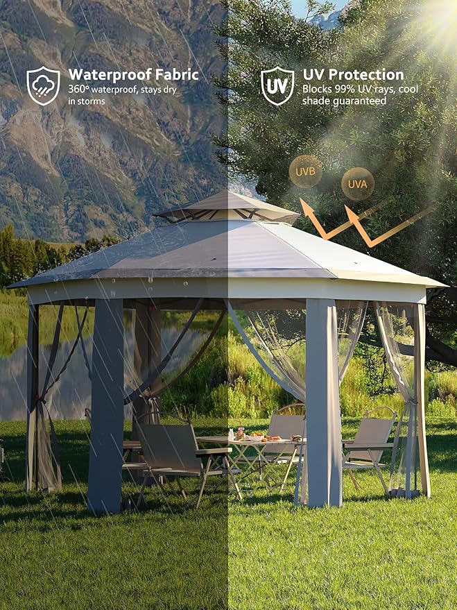 Garvee Pop Up Gazebo Screen Tent,Hexagonal Instant Gazebo Tent with Mosquito Netting Outdoor Canopy,6 Sided Sun Shelter 13x13ft with Mesh Netting,Pavilion Tents for Patio,Light Gray+Dark Gray Garvee