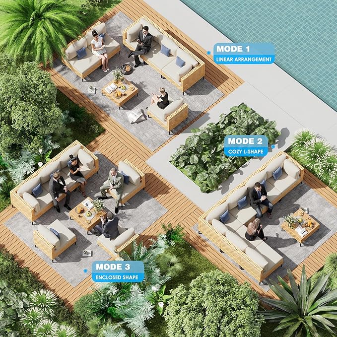 ABCASA Patio Furniture Set, 110" Large 7-Piece Wicker Outdoor Patio Furniture Sets with Anti-Slip Cushions & Coffee Table,Boho Patio Conversation Set Sectional Sofa for Backyard,Porch,Beige ABCASA