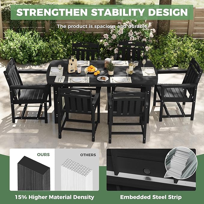 HDPE Outdoor Dining Set, Patio Table and Chairs Set, All-Weather 7-Piece Outside Table and 6 Chairs, 2" Umbrella Hole, Outdoor Furniture for Garden, Poolside, Backyard, Deck | Black Suunyn