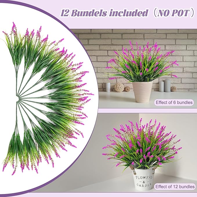 Artificial Flowers Faux Plants for Outdoor Decoration, 12 Bundles Fake Monkey Grass for Home Garden Front Porch Balcony, Lavender Flowers Shrubs UV Resistant No Fade Greenery Bush Planter (Lotus) Ammyoo
