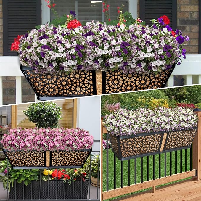ZeeDix Railing Planter Boxes, 24 Inch Window Flower Box Planters with Coco Liner & Adjustable Brackets for Deck Porch Fence Patio Balcony Gardening Outdoor Plants (2 Pack) ZeeDix