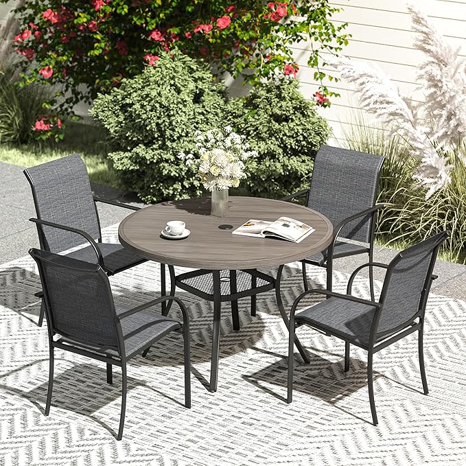 VICLLAX 5 Pieces Patio Dining Set, Outdoor Furniture Set Includes 41.2" Round Patio Table and 4 Patio Sling Chairs, Grey Wood-Like Tabletop and Dark Grey Fabric HOME