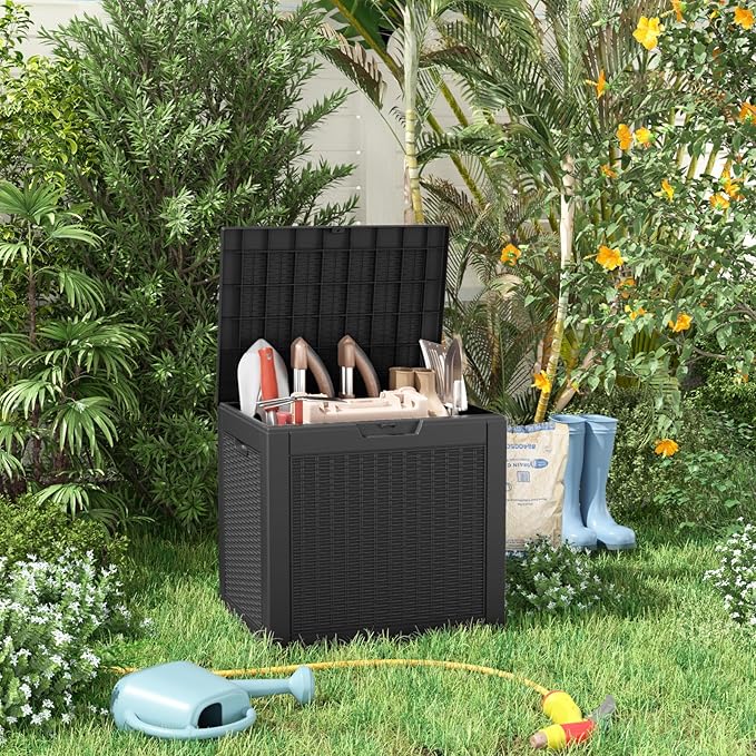30 Gallon Resin Deck Box, Lockable Patio Outdoor Storage Box for Furniture, Garden Tools and Tools Storage, Waterproof Outside Storage Boxes - Black OutdoorLivingPerfected