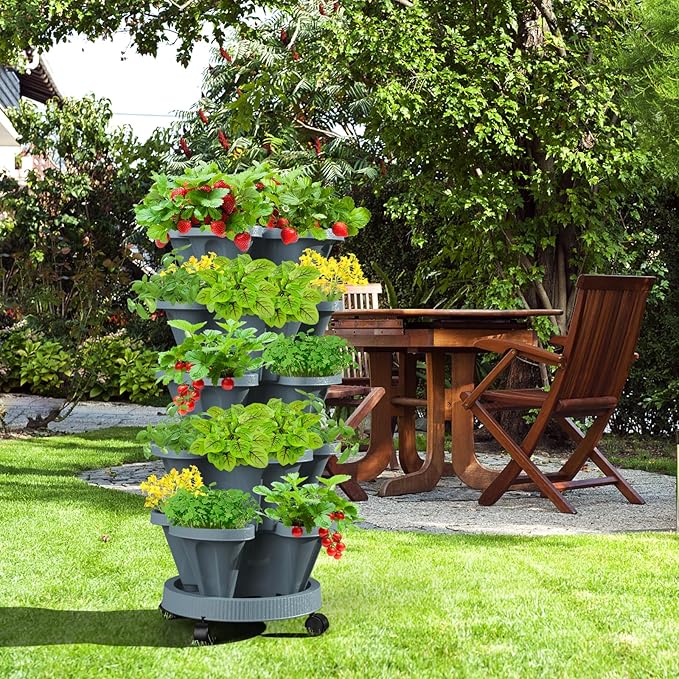 7 Tiered Strawberry Vertical Planter 2 Pack, Stackable Tower Garden Planter Herb Garden Planter with Movable Casters and Bottom Saucer Indoor and Outdoor - Dark Grey Tectsia