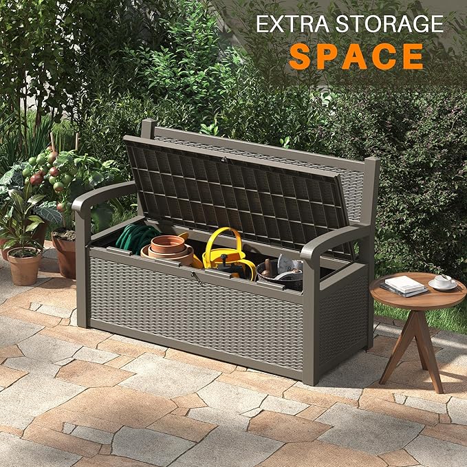 80 Gallon Outdoor Storage Box, Resin Patio Furniture with Armrest, Lockable Deck Box with Waterproof and UV Resistant for Patio Cushions, Garden Tools and Pool Supplies, Grey Rootora