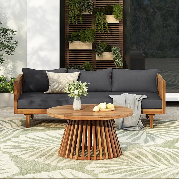 Merax Outdoor Acacia Wood Conversation Set - Patio 3-Seat Loveseat Sofa w/Coushion and Round Coffee Table for Backyard, Lawn, Balcony, Teak+Dark Gray Merax
