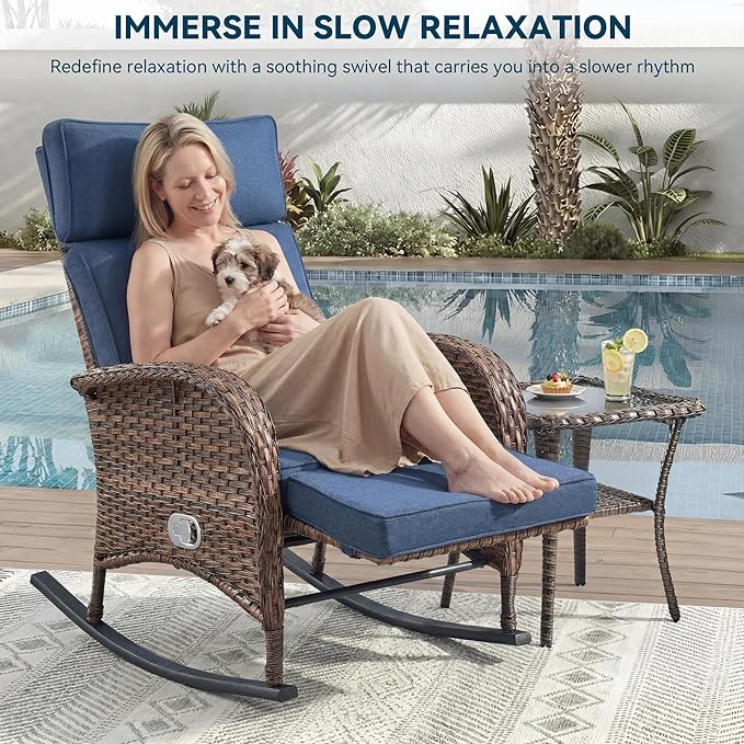 Zero Gravity Patio Rocking Wicker Recliner Chair - Wicker Outdoor Lounge Chair with Adjustable Backrest & Footrest, All Weather Reclining Rocker Chairs with Thick Cushion for Pool Deck Blue JelwalyPatioFurnitureSet