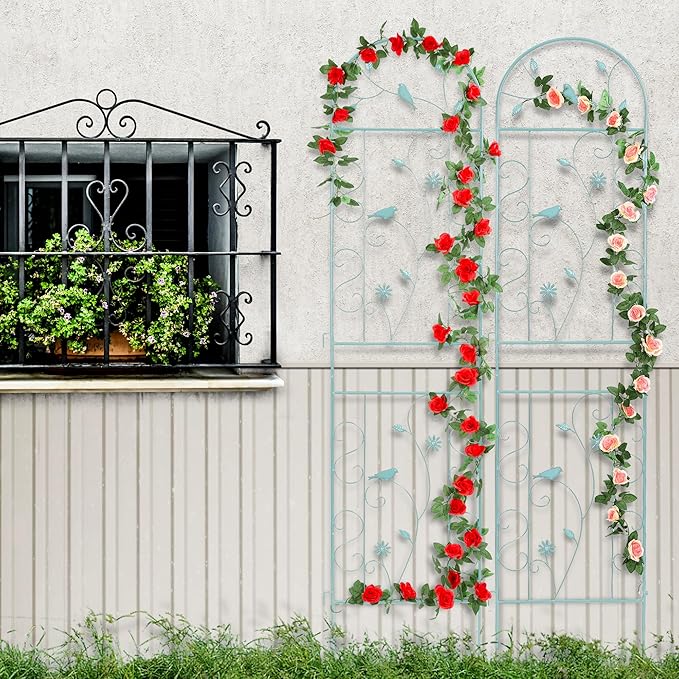 Metal Garden Trellis for Climbing Plants, 86.5" x 19.7" Metal Plant Trellis Outdoor, Green Iron Garden Trellis, Clematis Rrellis Outdoor, Arched Decoration Suitable for courtyards, lawns, Gard, Green FHWTY
